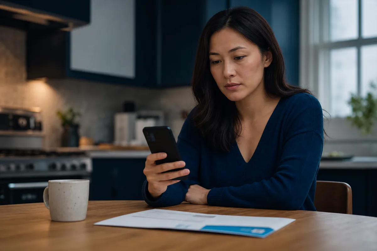 Reviewing penalty notice on phone indoors