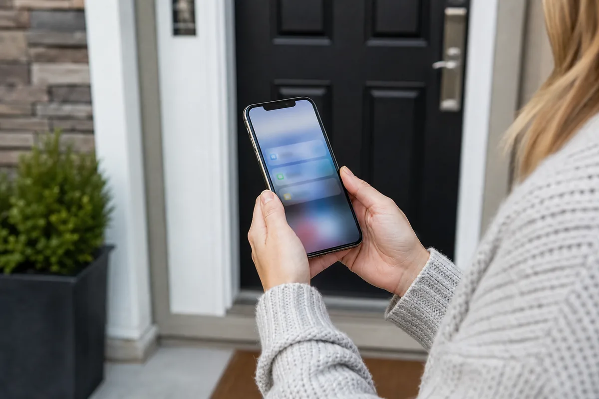 Policyholder retrieving documents on phone at door
