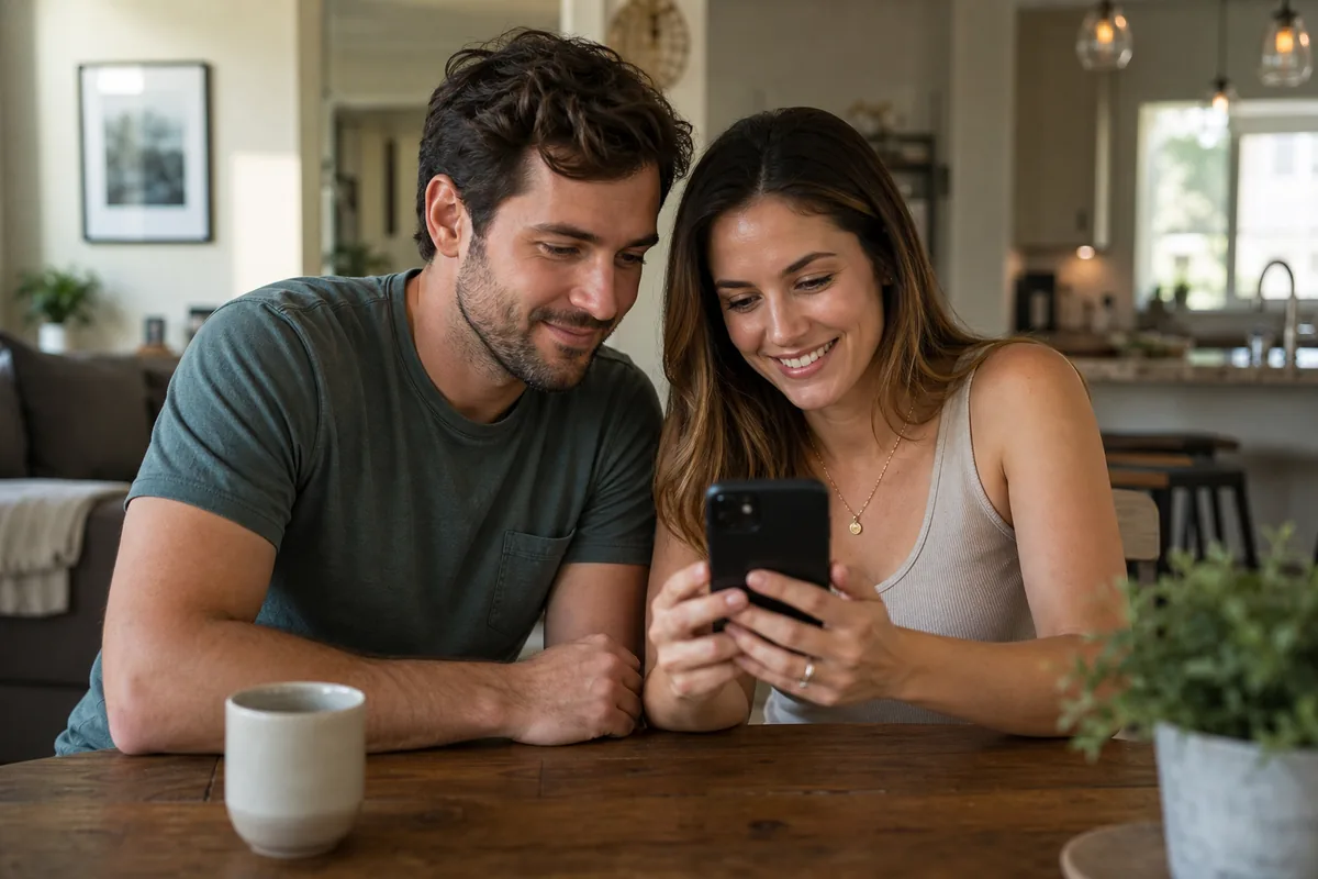 Couple reviewing verified insurance quote on phone at home