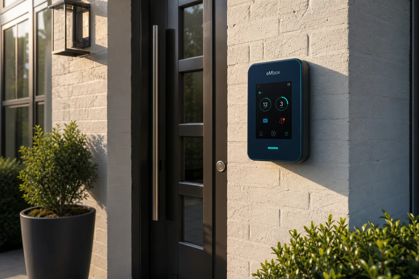 Modern home with eMbox mounted by the front door — outdoor display shows only glance status, not readable mail