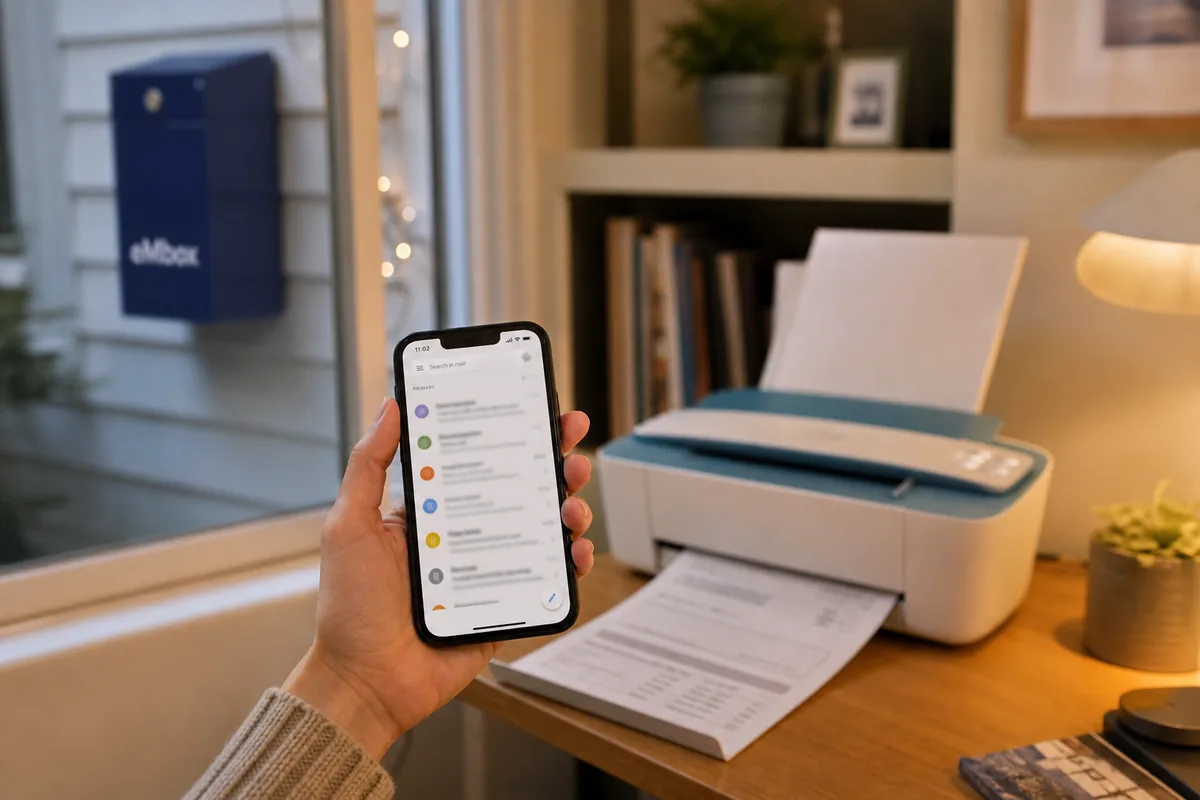 Printing a retrieved document indoors from the eMbox app — paper by choice, never at the outdoor unit