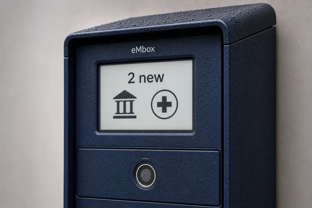 Close-up of eMbox glance-only e-ink status screen and fingerprint retrieve sensor — no mail content shown