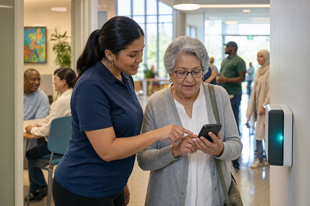 Community center civic pilot — staff helping a resident retrieve city notices on phone
