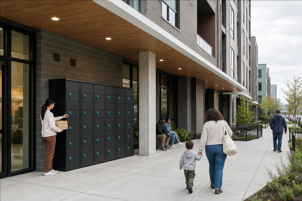 Affordable housing complex with ground-floor secure per-unit delivery lockers