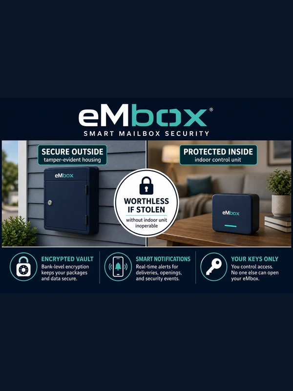 eMbox security infographic: secure outdoor unit, protected indoor companion, worthless if stolen without pairing